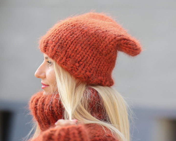 Chunky Mohair Alpaca Hat – Hand Knitted Orange Beanie, Soft Winter Hat T1490