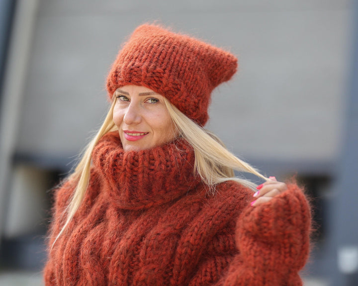 Chunky Mohair Alpaca Hat – Hand Knitted Orange Beanie, Soft Winter Hat T1490