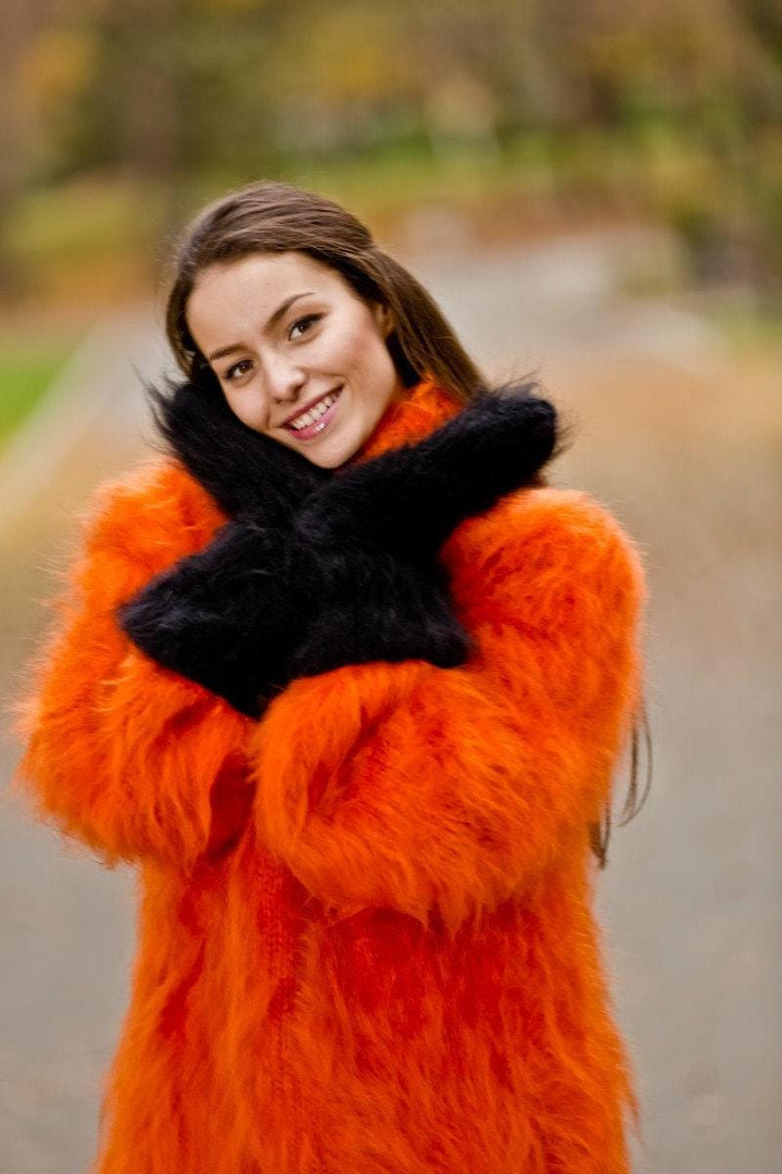 Black Mohair Mittens – Hand Knitted Fluffy Soft Winter Gloves T191b