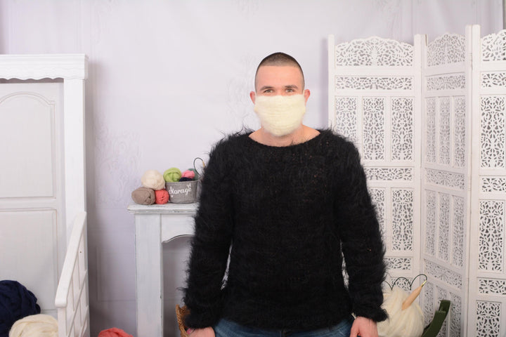 Crochet Mohair Face Mask Cover – Hand Knitted Fluffy Reusable Warmer T734A