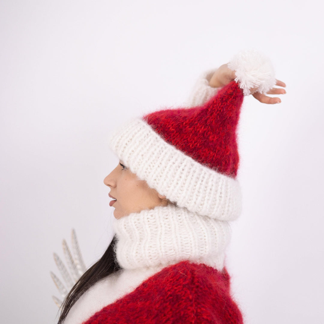Red Melange Mohair Hat – Hand Knitted 4-Strand Cable Knit Fluffy Beanie T1602