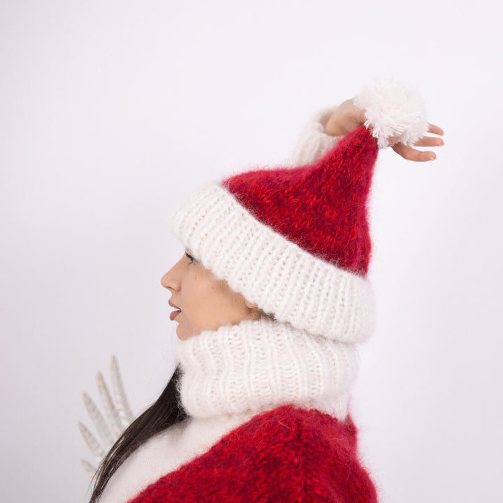 Red Melange Mohair Hat – Hand Knitted 4-Strand Cable Knit Fluffy Beanie T1602