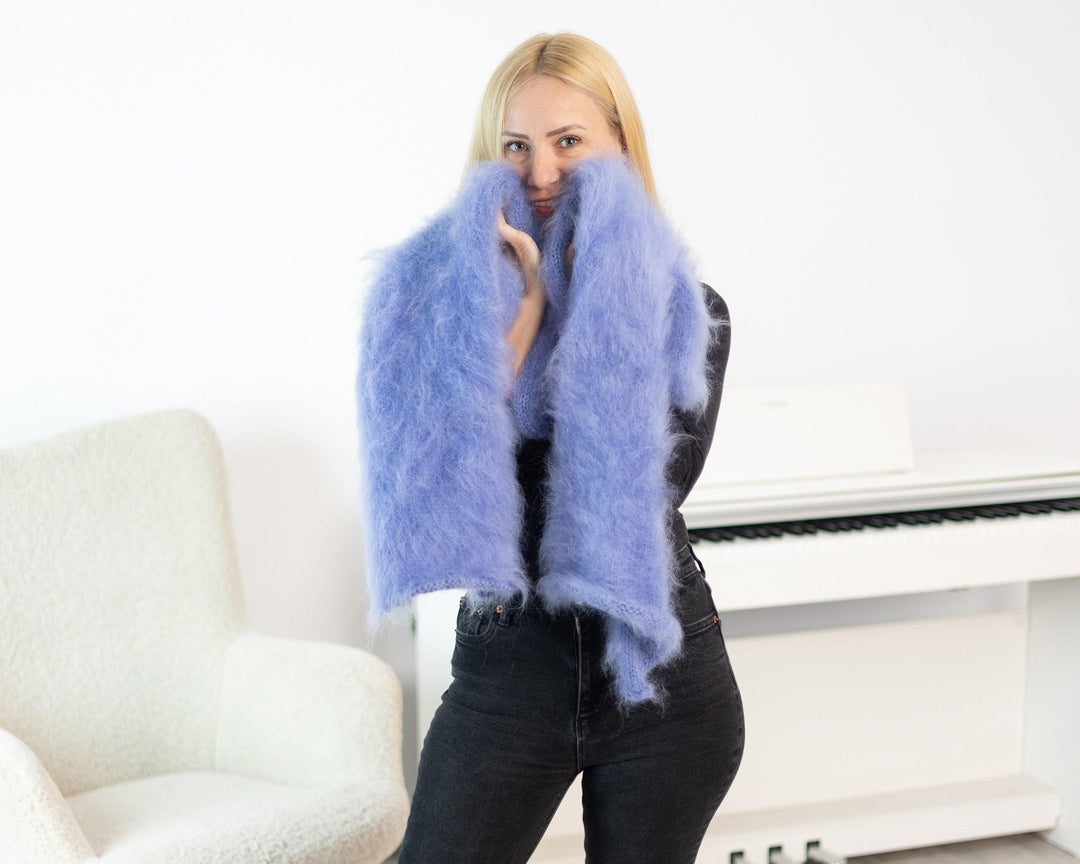 Blue Brushed Mohair Scarf – Hand Knitted Fluffy Shawl, Soft Long Fuzzy Wrap T1530