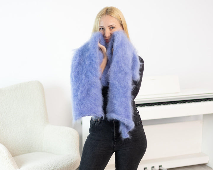 Blue Brushed Mohair Scarf – Hand Knitted Fluffy Shawl, Soft Long Fuzzy Wrap T1530