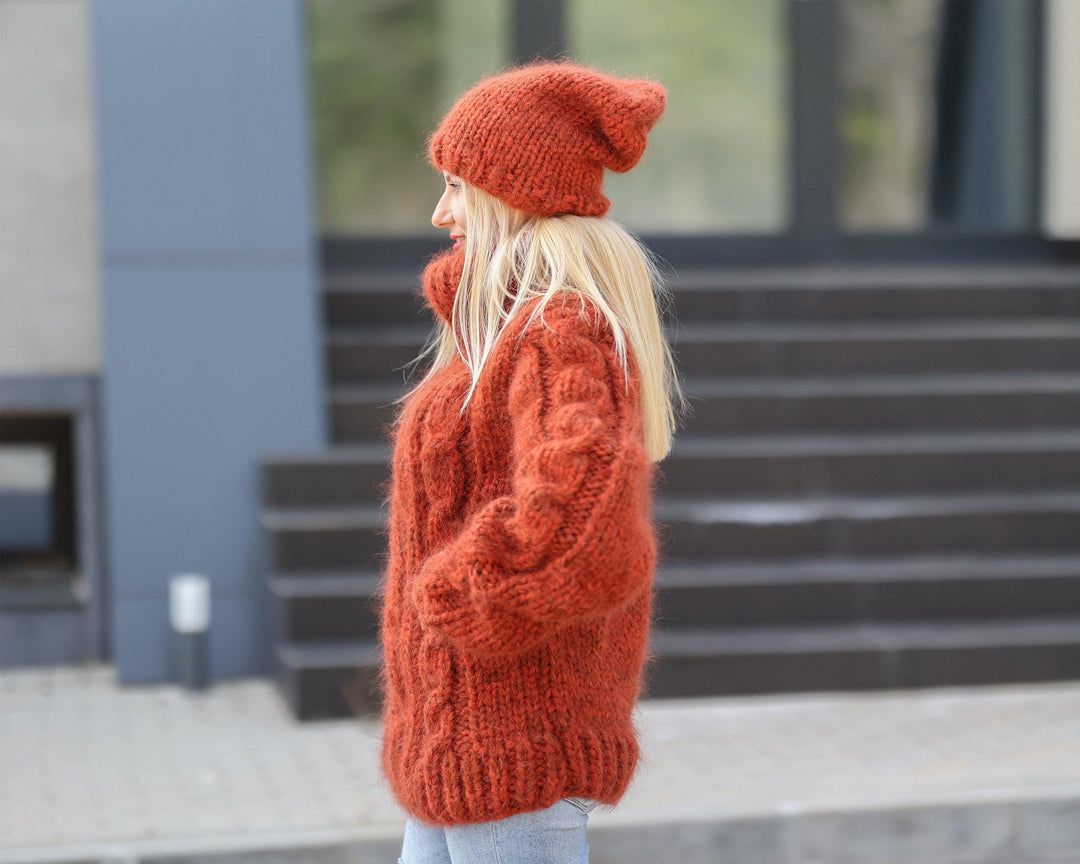 Chunky Mohair Alpaca Hat – Hand Knitted Orange Beanie, Soft Winter Hat T1490