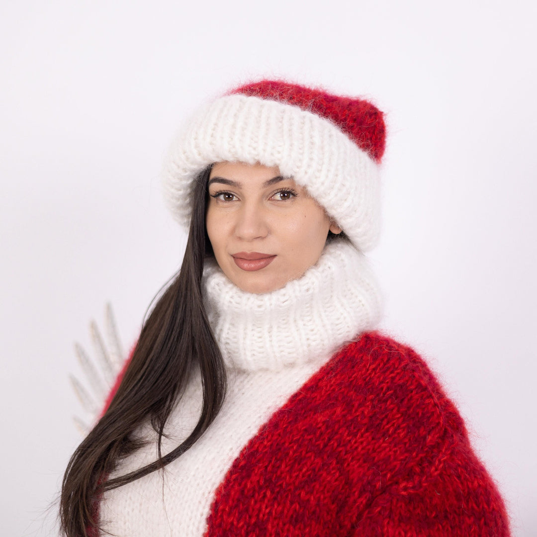 Red Melange Mohair Hat – Hand Knitted 4-Strand Cable Knit Fluffy Beanie T1602