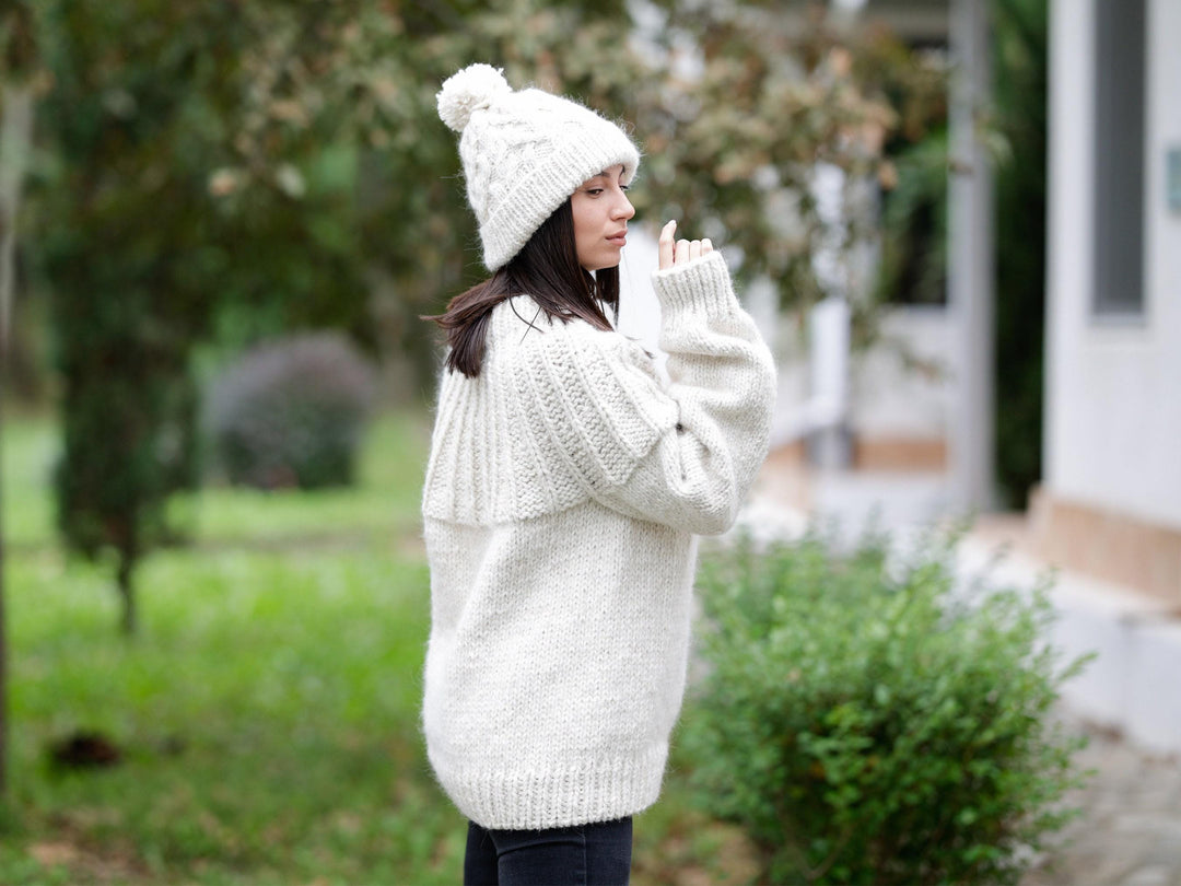 Chunky Cream Alpaca Hat – Hand Knitted Soft Winter Beanie T1149