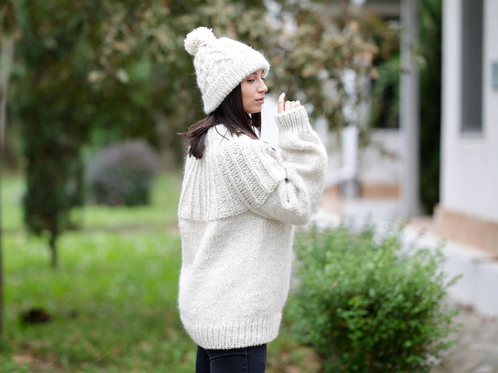 Chunky Cream Alpaca Hat – Hand Knitted Soft Winter Beanie T1149