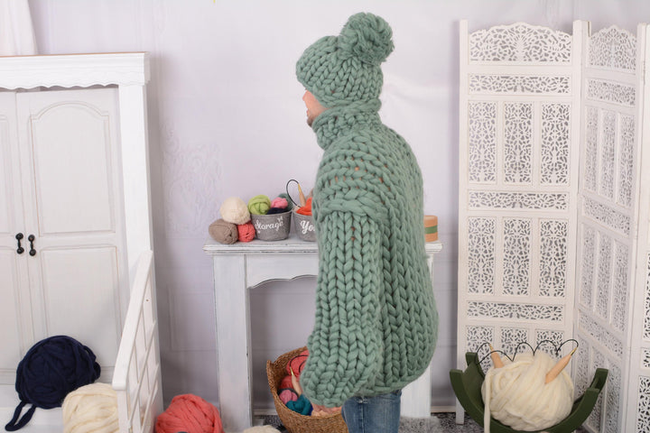 Green Merino Wool Hat – Hand Knitted Chunky Beanie with Pom Pom T739