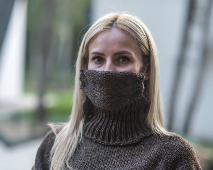 Hand-Knitted Brown Wool Face Warmer – Reusable Rustic Mask T885