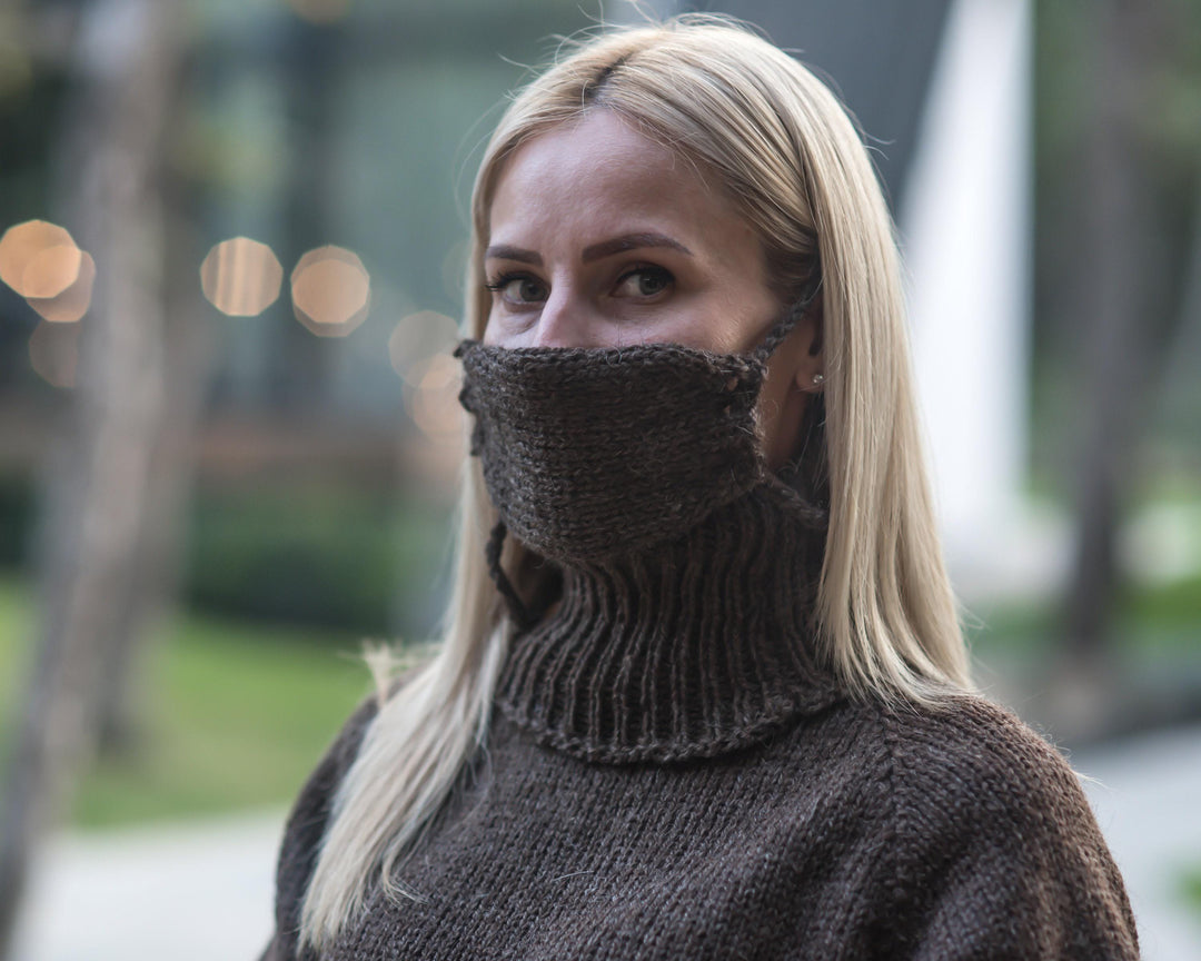 Hand-Knitted Brown Wool Face Warmer – Reusable Rustic Mask T885