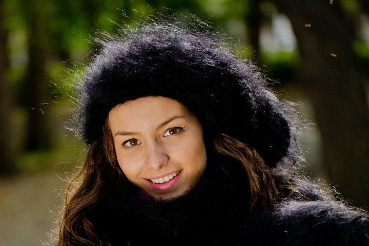 Black Mohair Hat – Hand Knitted Fluffy Slouchy Beanie Balaclava T177a