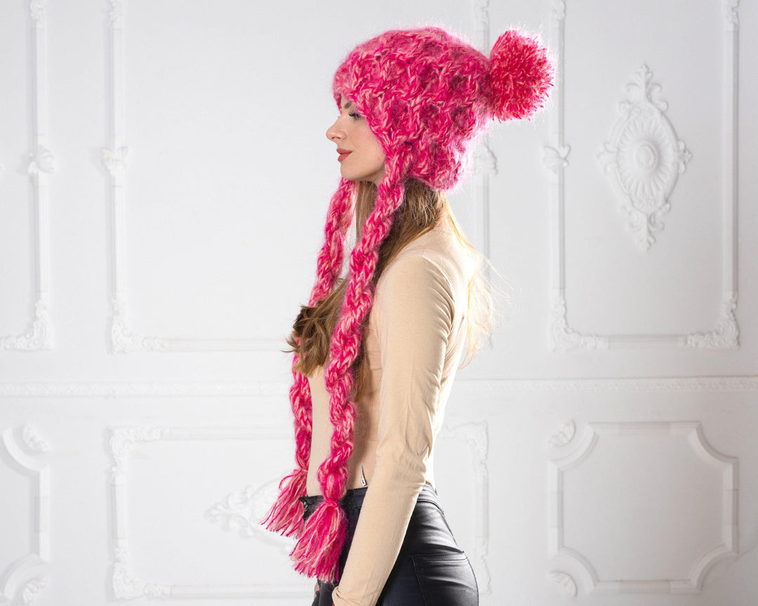 Pink Mohair Cable Knit Hat, Braided Slouchy Beanie