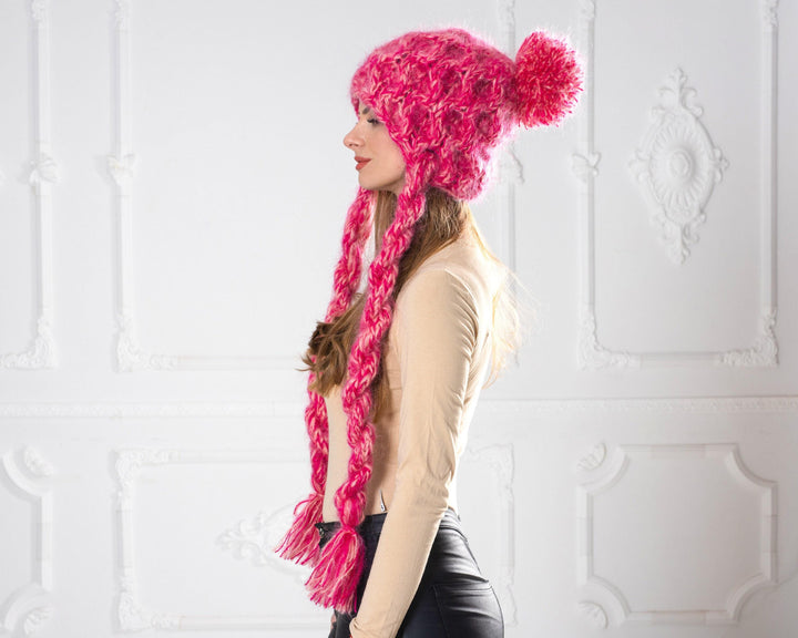 Pink Mohair Cable Knit Hat, Braided Slouchy Beanie