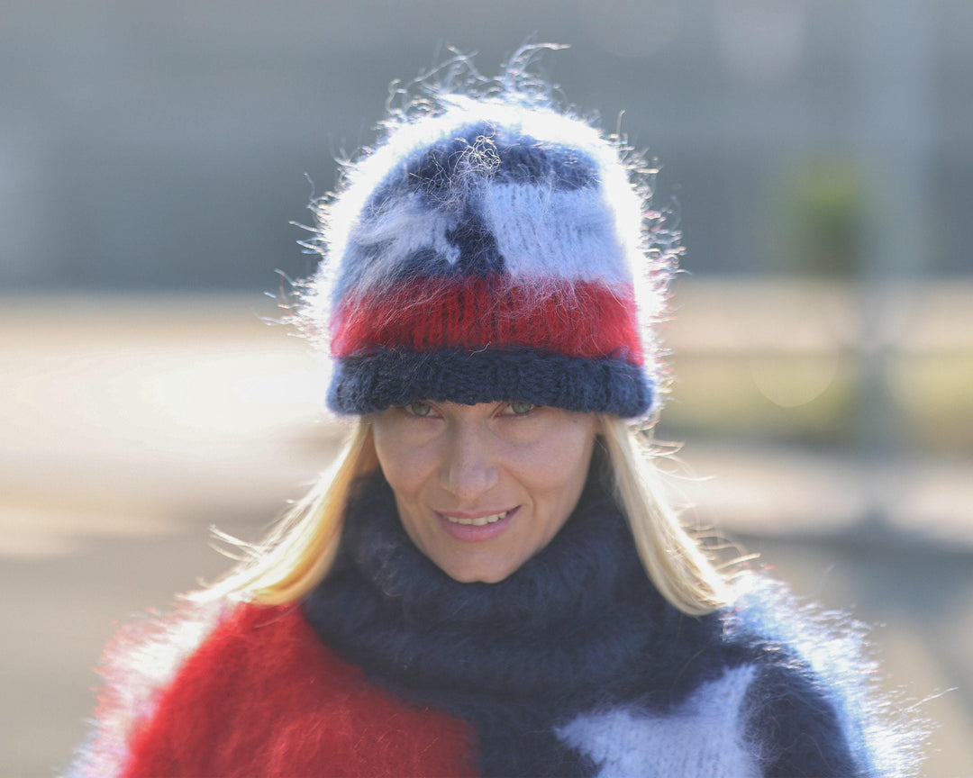 Chile Flag Mohair Hat – Hand Knitted Fluffy Tricolor Winter Beanie T1482