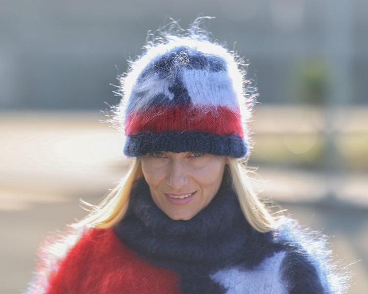 Chile Flag Mohair Hat – Hand Knitted Fluffy Tricolor Winter Beanie T1482
