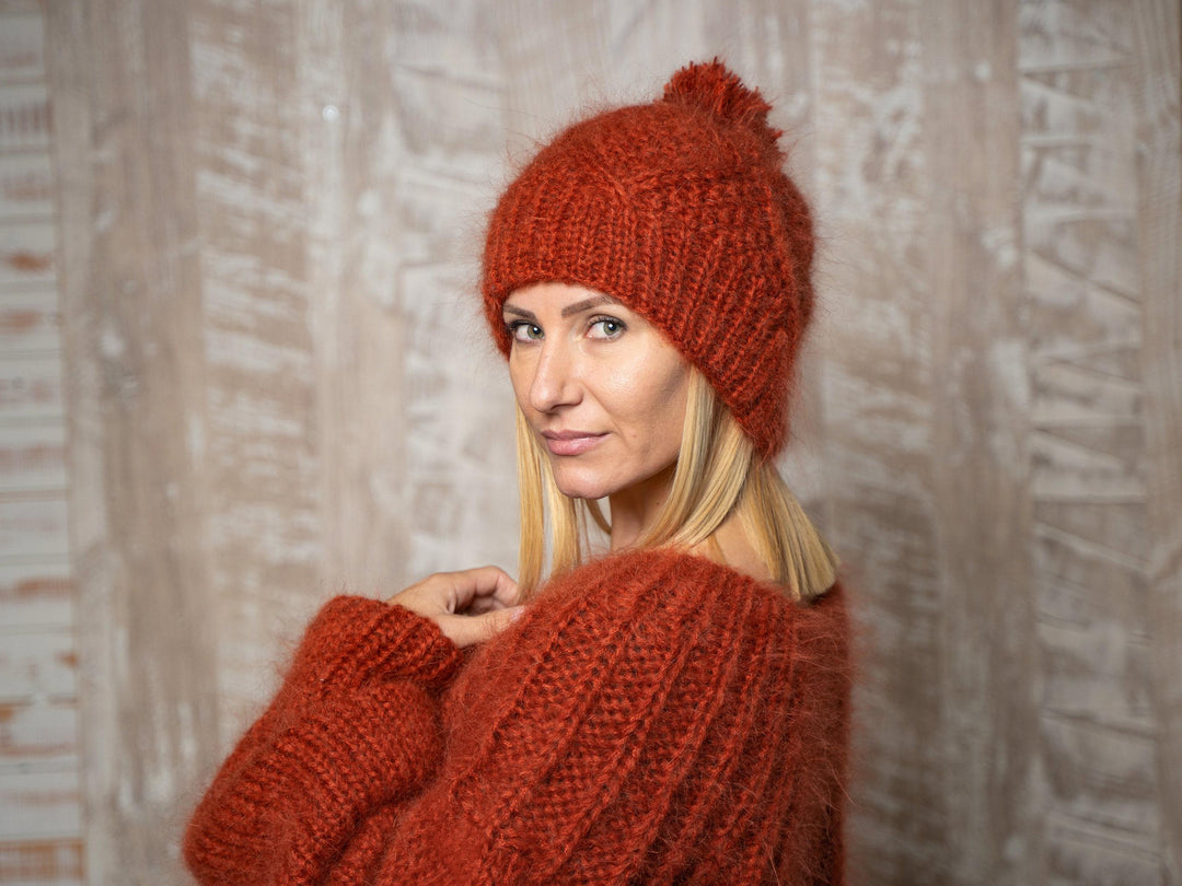 Orange Mohair Hat – Hand Knitted Fluffy Soft Winter Beanie T1148