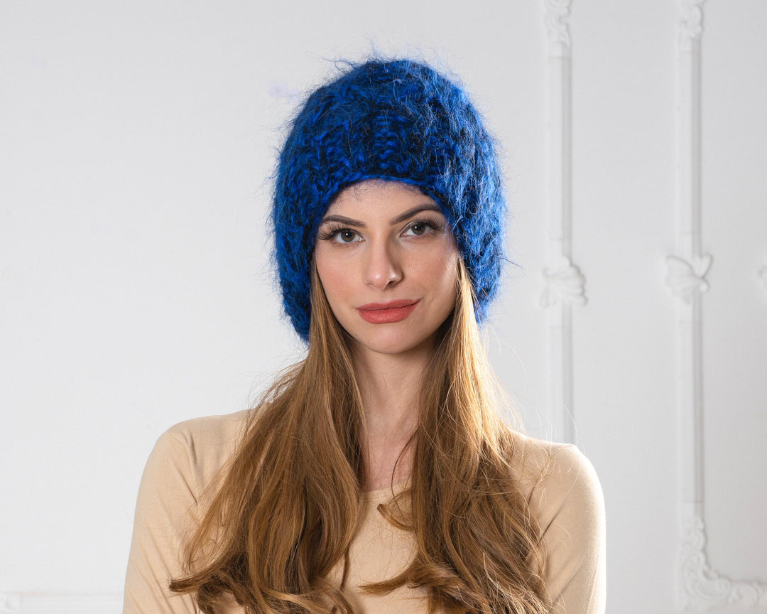 Blue and Black Melange Mohair Hat – Hand Knitted 4-Strand Cable Knit Fluffy Beanie T1004