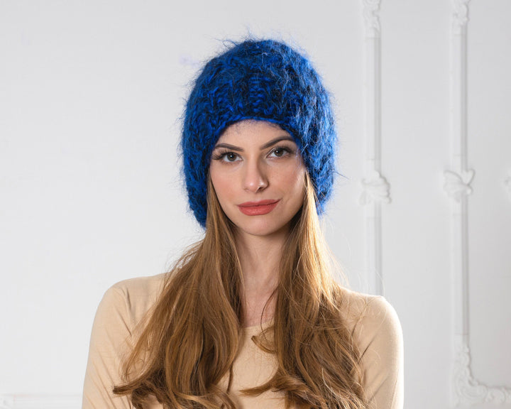 Blue and Black Melange Mohair Hat – Hand Knitted 4-Strand Cable Knit Fluffy Beanie T1004