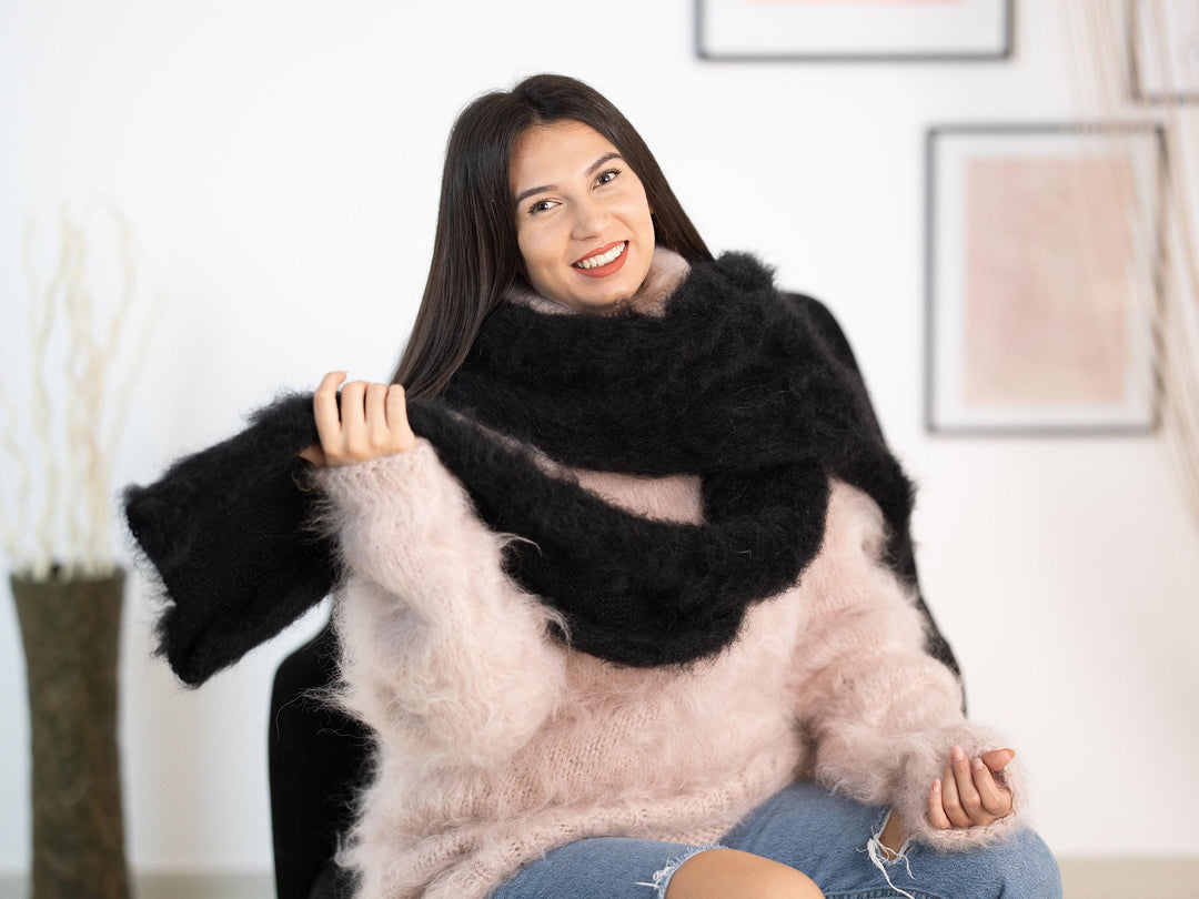 Black Mohair Scarf – Hand Knitted Fluffy Shawl, Long Fuzzy Wrap T1172
