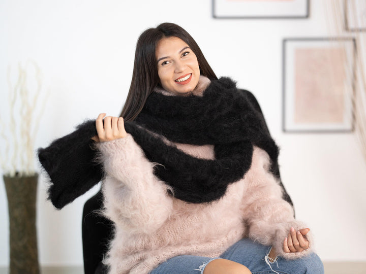 Black Mohair Scarf – Hand Knitted Fluffy Shawl, Long Fuzzy Wrap T1172