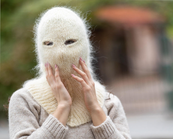 Cream Mohair Balaclava – Hand Knitted Fluffy Slouchy Beanie Ski Mask T1507