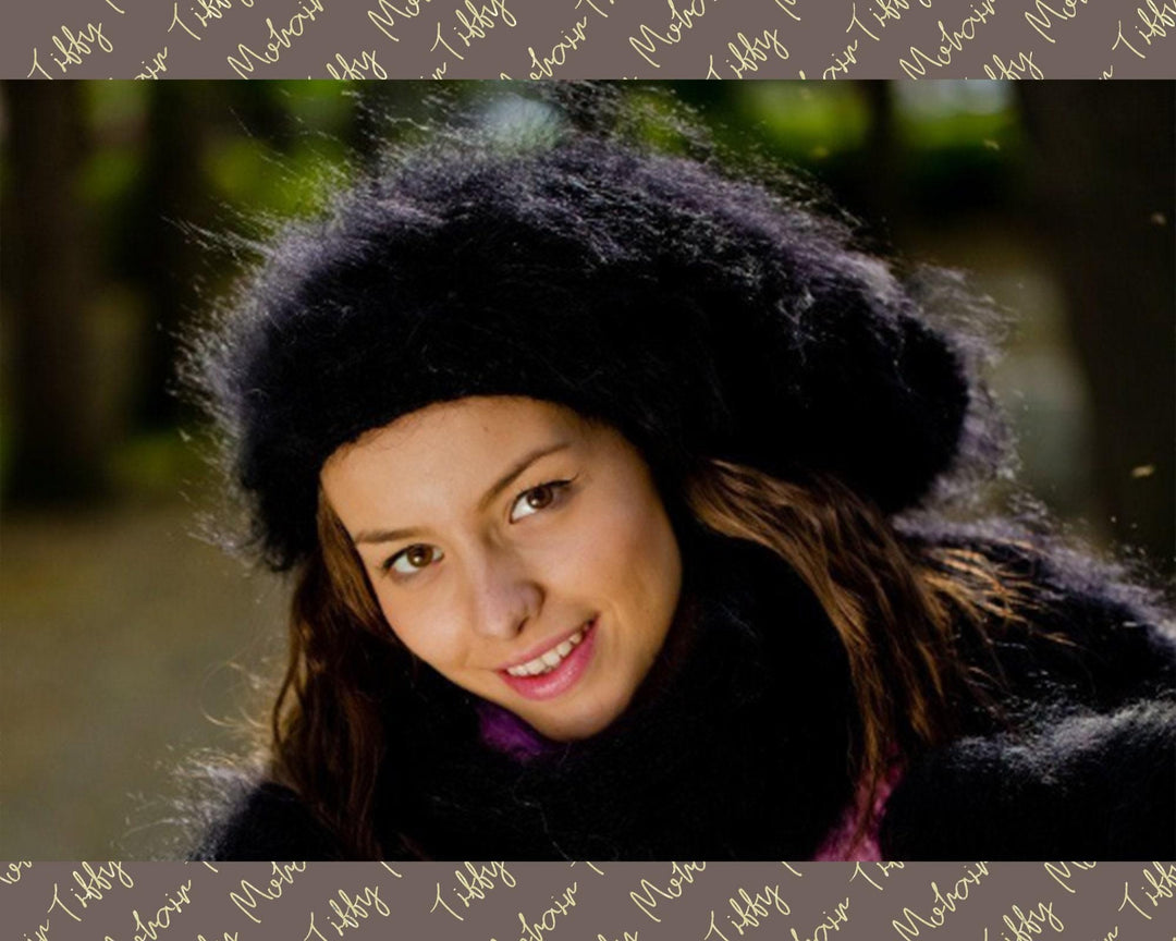 Black Mohair Hat – Hand Knitted Fluffy Slouchy Beanie Balaclava T177a