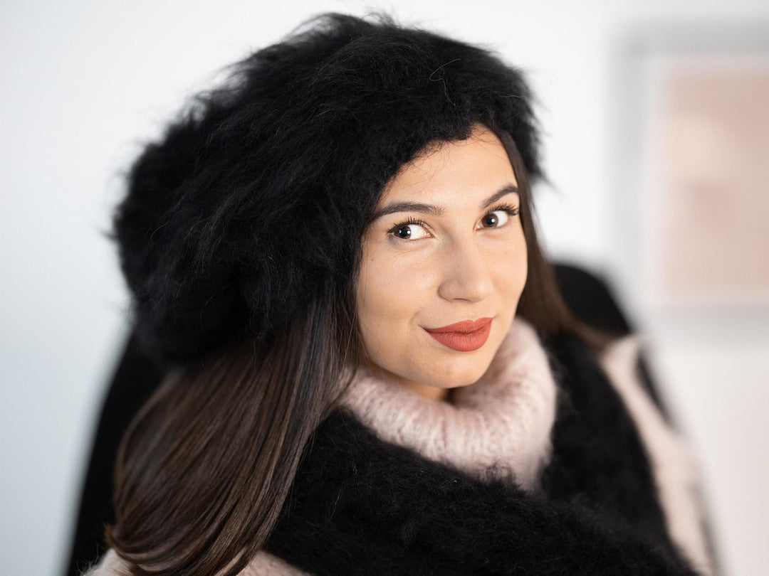 Black Mohair Hat – Hand Knitted Fluffy Slouchy Beanie Balaclava T1171