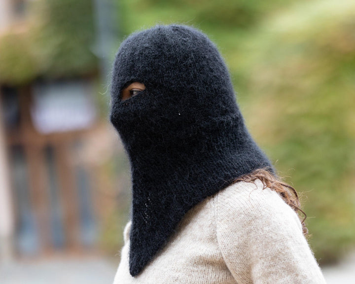 Black Mohair Balaclava – Hand Knitted Fluffy Slouchy Beanie Winter Hat T1506