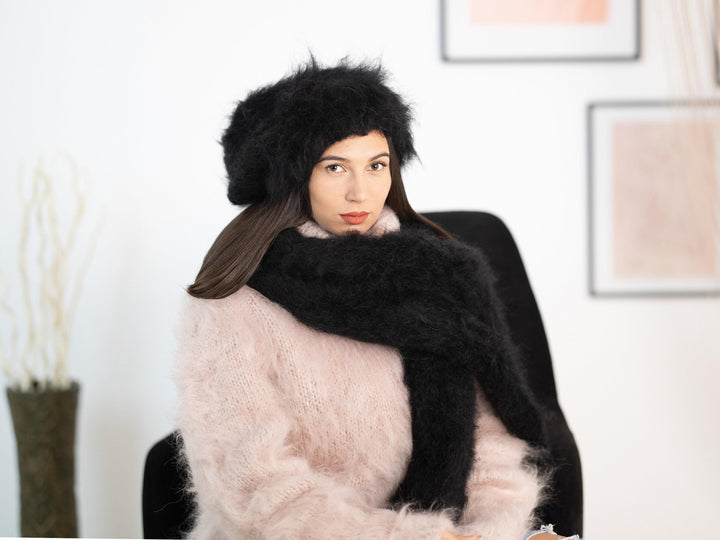Black Mohair Scarf – Hand Knitted Fluffy Shawl, Long Fuzzy Wrap T1172