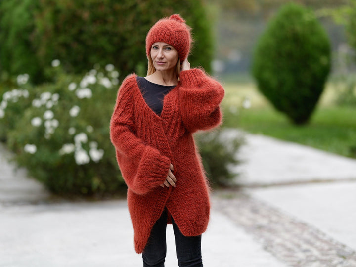 Orange Mohair Hat – Hand Knitted Fluffy Soft Winter Beanie T1148