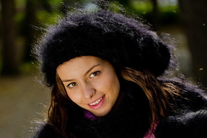 Black Mohair Hat – Hand Knitted Fluffy Slouchy Beanie Balaclava T177a