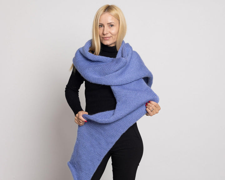 Blue Mohair Scarf – Hand Knitted Fluffy Long Wrap Shawl T1526