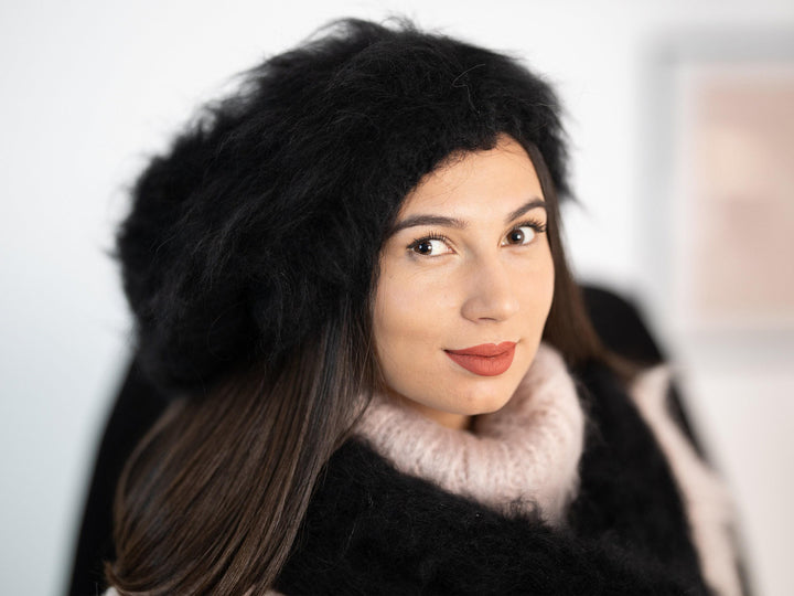 Black Mohair Hat – Hand Knitted Fluffy Slouchy Beanie Balaclava T1171