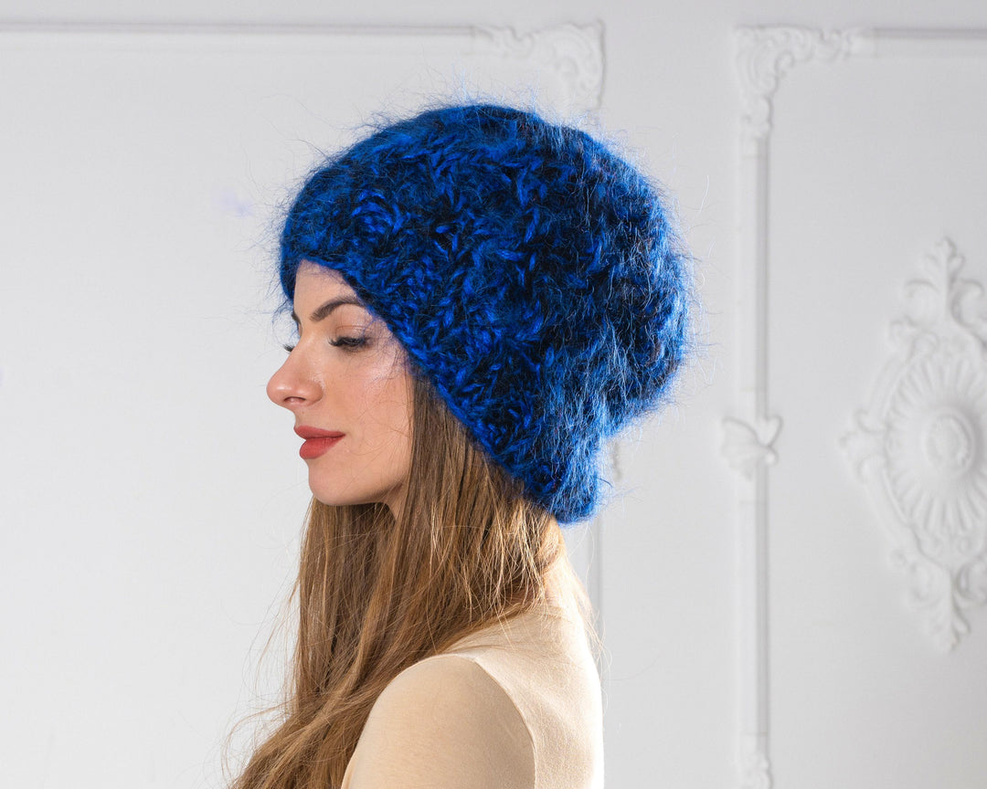 Blue and Black Melange Mohair Hat – Hand Knitted 4-Strand Cable Knit Fluffy Beanie T1004