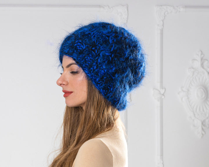 Blue and Black Melange Mohair Hat – Hand Knitted 4-Strand Cable Knit Fluffy Beanie T1004