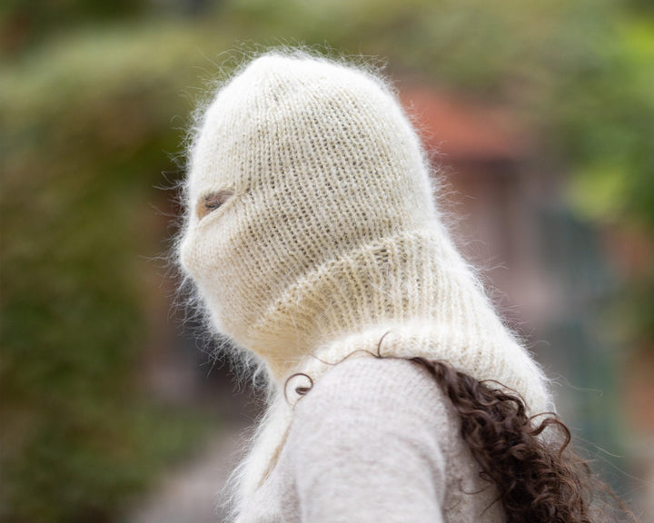 Cream Mohair Balaclava – Hand Knitted Fluffy Slouchy Beanie Ski Mask T1507