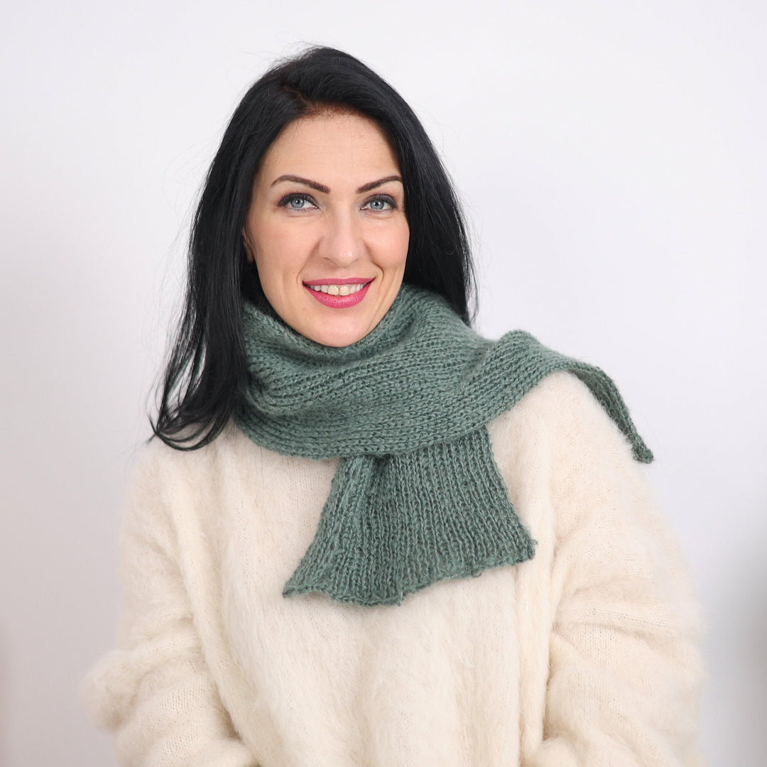Green Ribbed Mohair Scarf – Hand Knitted Soft Fluffy Shawl, Long Cozy Wrap T1618
