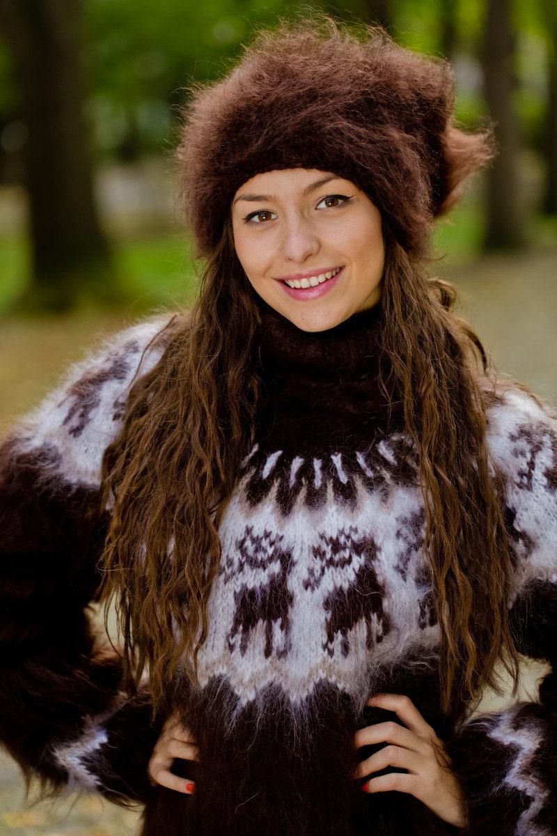 Brown Mohair Hat – Hand Knitted Fluffy Slouchy Beanie Balaclava T177