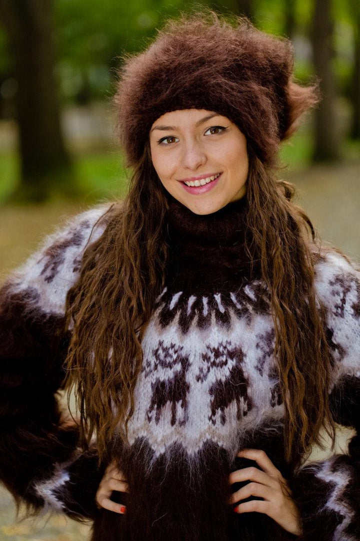 Brown Mohair Hat – Hand Knitted Fluffy Slouchy Beanie Balaclava T177