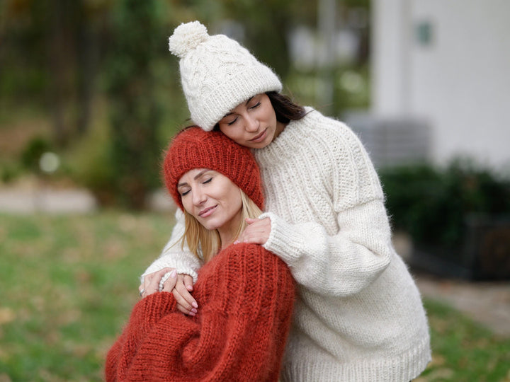 Orange Mohair Hat – Hand Knitted Fluffy Soft Winter Beanie T1148