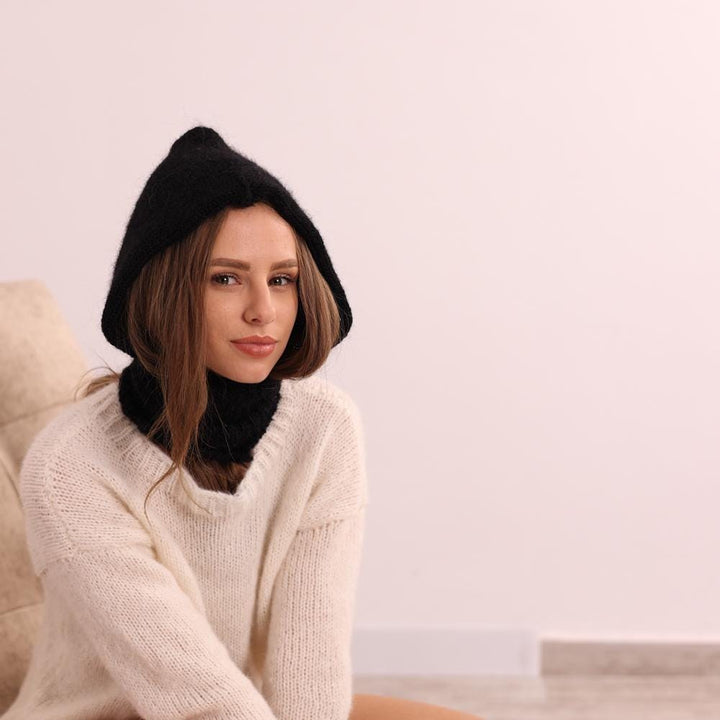 Black Mohair Balaclava Hat – Hand Knitted Fluffy Hood, Soft Winter Ski Mask T2024