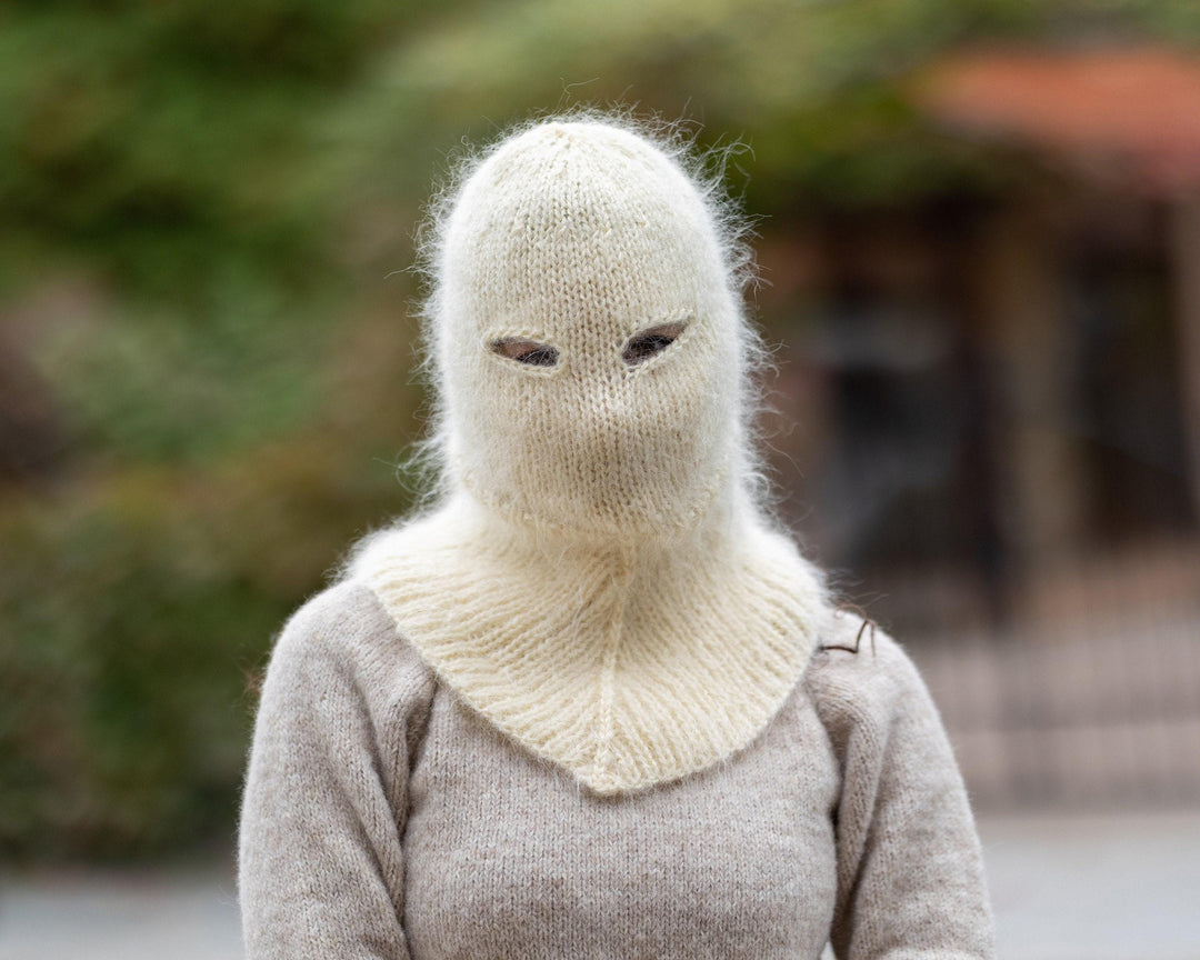 Cream Mohair Balaclava – Hand Knitted Fluffy Slouchy Beanie Ski Mask T1507