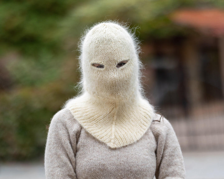 Cream Mohair Balaclava – Hand Knitted Fluffy Slouchy Beanie Ski Mask T1507