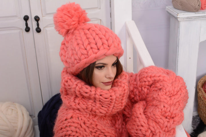 Pink Merino Wool Hat – Hand Knitted Chunky Pom Pom Beanie T727