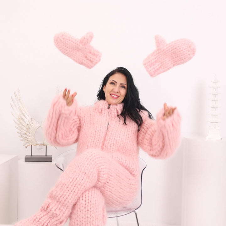 Pink Mohair Mittens – Hand Knitted Extra Chunky Fluffy Gloves T1624