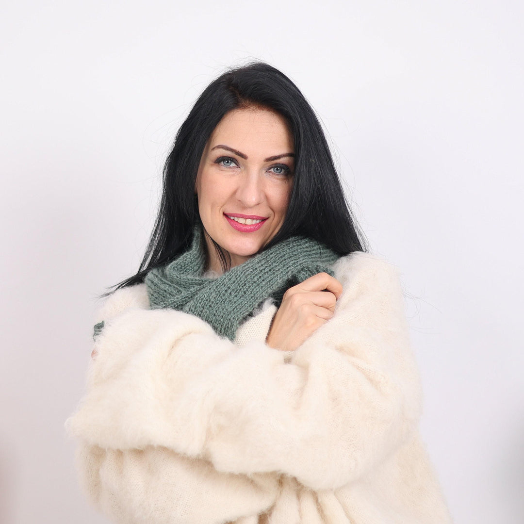 Green Ribbed Mohair Scarf – Hand Knitted Soft Fluffy Shawl, Long Cozy Wrap T1618