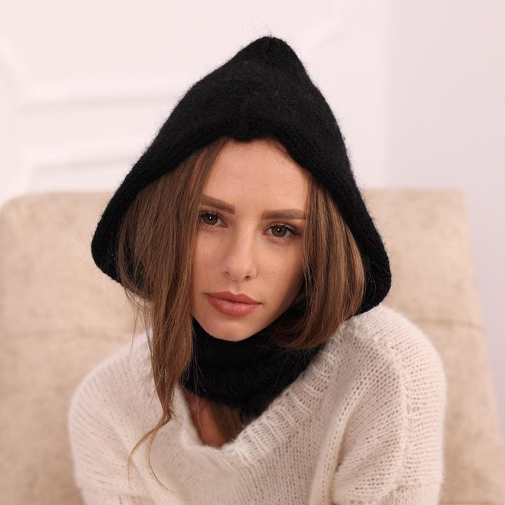 Black Mohair Balaclava Hat – Hand Knitted Fluffy Hood, Soft Winter Ski Mask T2024