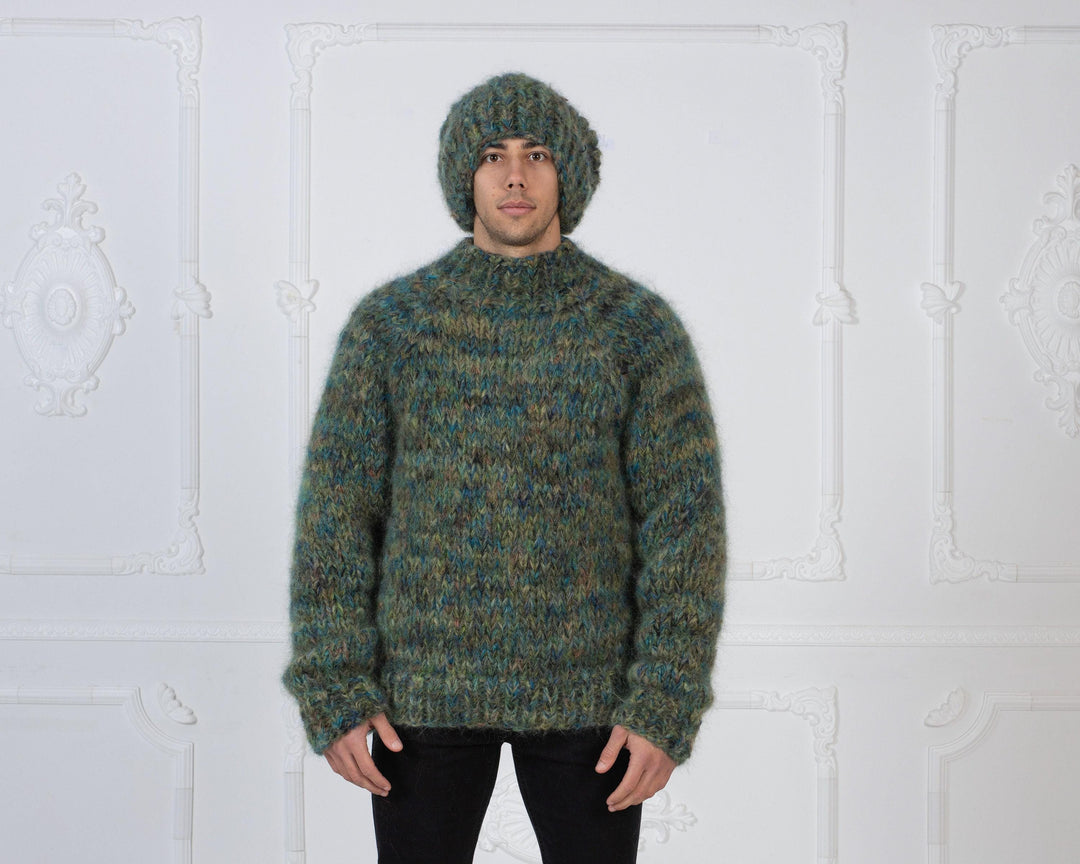 Green Melange Mohair Balaclava – Hand Knitted 6-Strand Fluffy Slouchy Hat T1000