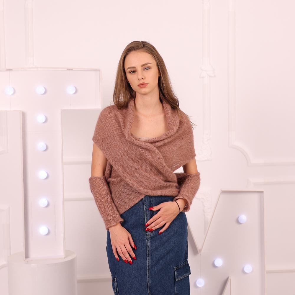 Superfine Alpaca Wrap Sweater – Hand Knitted Convertible Scarf Top with Sleeves T2029